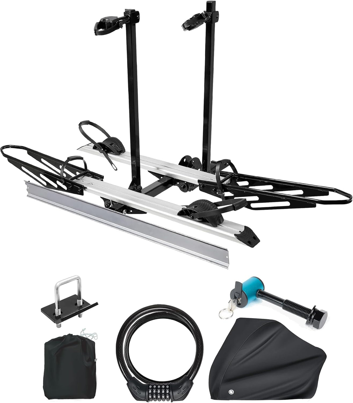2-Bike Hitch E-Bike Rack with Ramp, Foldable, 200 LBS Capacity, Complete Rock Package with Lock, Cover