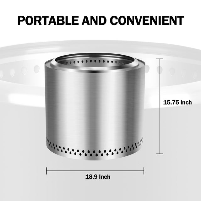 Premium 19" Stainless Steel Smokeless Fire Pit - Portable & Easy to Clean - Silver