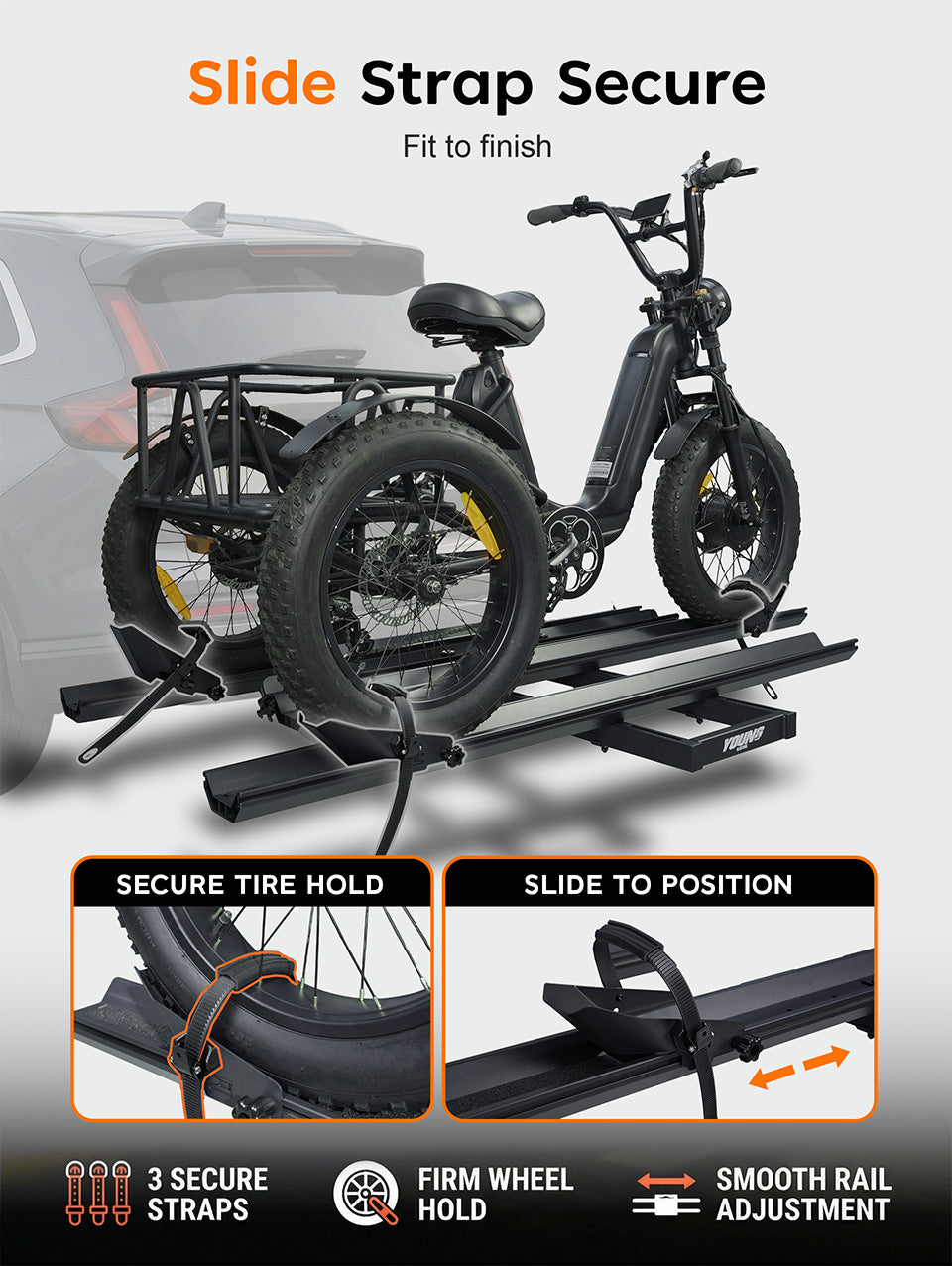 Etrike Hitch Rack — 200lbs Capacity, 2" Receiver, Adjustable Carrier for Adult Electric, Fat Tire & Folding Tricycles, Fits Cars, SUVs, Trucks & RVs