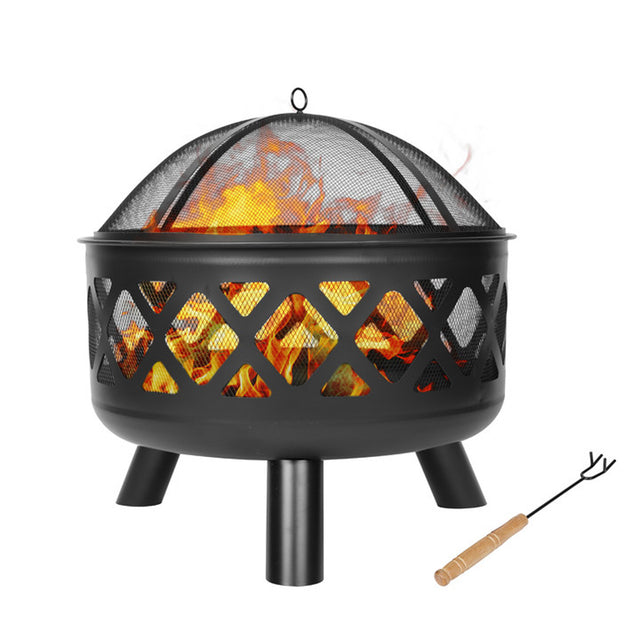 24 inch Outdoor Cross-Woven Steel Wood Burning Fire Pit with Poker and Cover, 2-in-1 Functionality to Heat and Grill