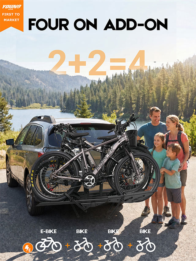 2+2 Add-On Hitch E-bike Rack, Expandable 4-Bike Carrier, 250 LBS Capacity