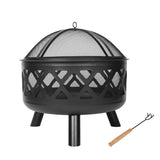 24 inch Outdoor Cross-Woven Steel Wood Burning Fire Pit with Poker and Cover, 2-in-1 Functionality to Heat and Grill