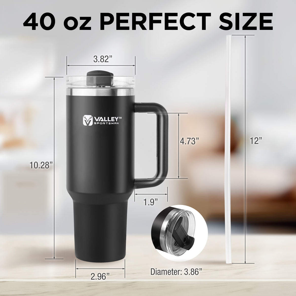 40oz Tumbler with Handle and Straw, Stainless Steel Leakproof Insulated Mug, Black