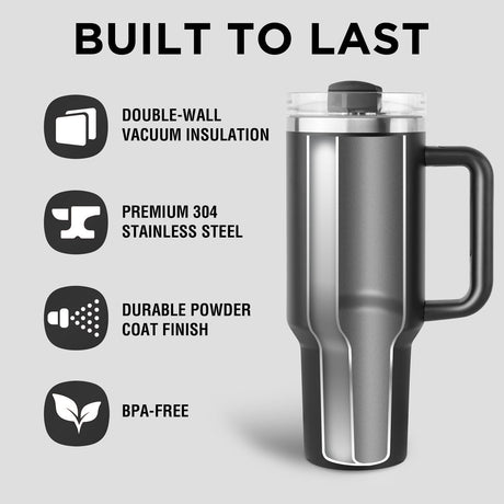 40oz Tumbler with Handle and Straw, Stainless Steel Leakproof Insulated Mug, Black