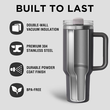 40oz Tumbler with Handle and Straw, Stainless Steel Leakproof Insulated Mug, Gray