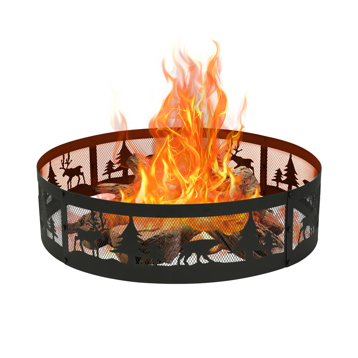 36 Inch Fire Ring with 360° Forest & Wildlife Design, Portable Steel Fire Pit Ring for Outdoor Camping