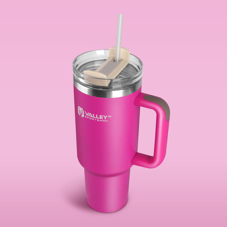 40oz Tumbler with Handle and Straw, Stainless Steel Leakproof Insulated Mug, Fuchsia