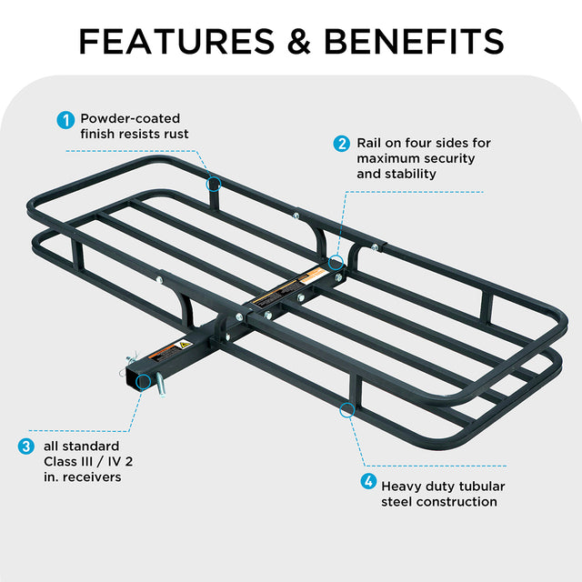 500 LBS Hitch Cargo Carrier, Heavy Duty Steel  Cargo Basket, Fits 2" Receivers,  53.5" x 19.5" x 4", Heat-Resistant, Durable, Easy Assembly