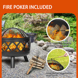 24 inch Outdoor Cross-Woven Steel Wood Burning Fire Pit with Poker and Cover, 2-in-1 Functionality to Heat and Grill