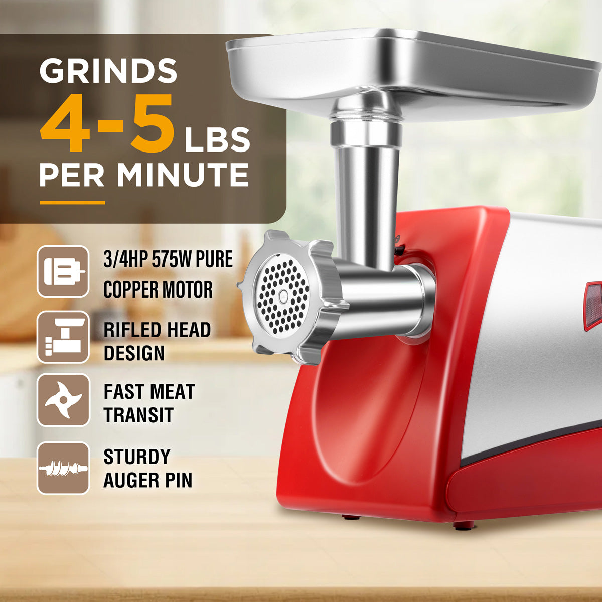 #8 575W Electric Meat Grinder, Red Heavy Duty Meat Mincer, Sausage Stuffer Maker, Easy Maintenance for Home Use