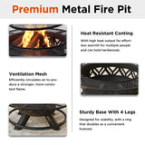 47" Steel Round Fire Pit with BBQ Grate for Patio Outdoor, Wood Burning Firepit