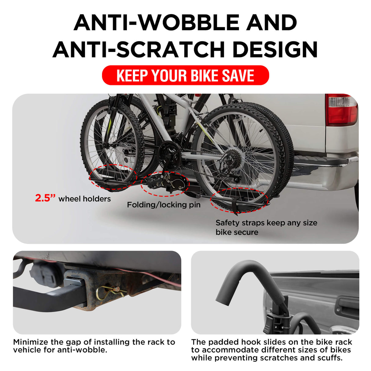 2-Bike Hitch Bike Rack, Pin Clip Folding Bike Carrier, 80 LBS Capacity, Fits 2'' and 1.25'' Receiver