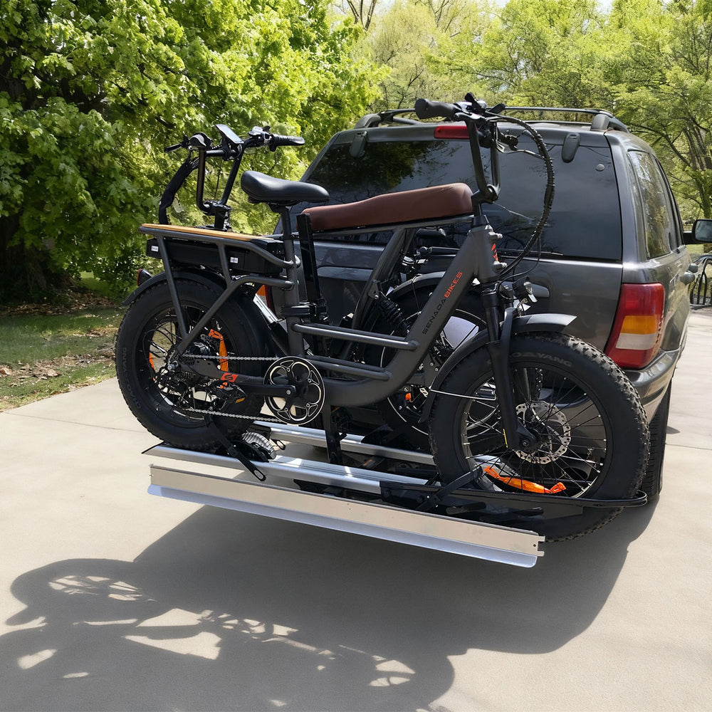 electric bicycle carriers Hitch E-Bike Rack for 2 Bikes coated steel hitch tube and dual aluminum carrier tracks Hitch-Mounted E-Bike Carrier For Shark