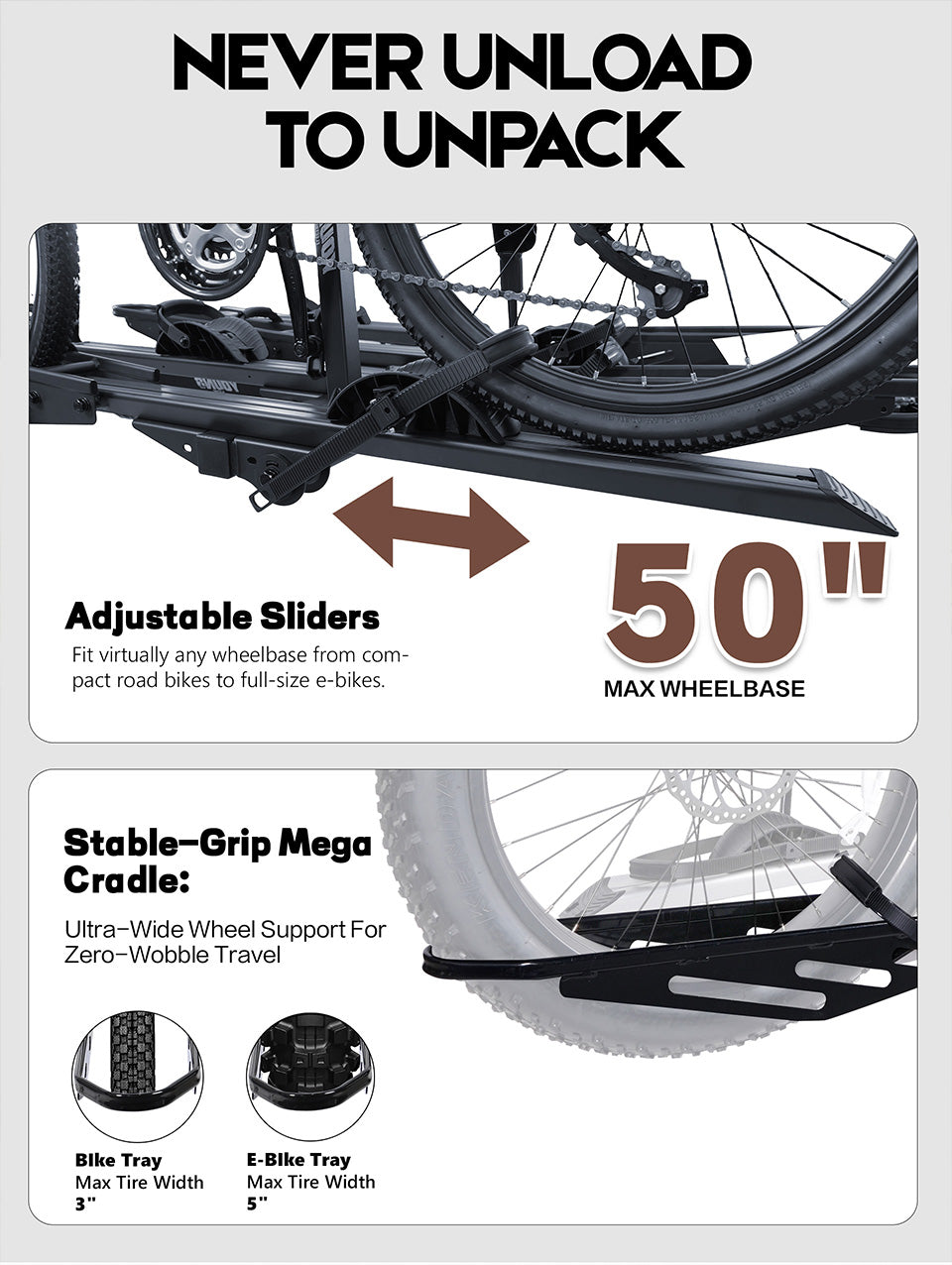 Expandable Add-On Compatible, 4187 2-Bike Hitch Mount Rack for E-Bikes, 200 LBS Heavy-Duty Bike Carrier, Fits 5" Fat Tire & 52" Wheelbase, Foldable Design for Cars SUVs Trucks RVs with 2" Receiver