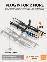 Expandable Add-On Compatible, 4187 2-Bike Hitch Mount Rack for E-Bikes, 200 LBS Heavy-Duty Bike Carrier, Fits 5" Fat Tire & 52" Wheelbase, Foldable Design for Cars SUVs Trucks RVs with 2" Receiver