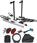 2-Bike Hitch E-Bike Rack with Ramp, Foldable, 200 LBS Capacity, Complete Rock Package with Lock, Cover & Brake Light