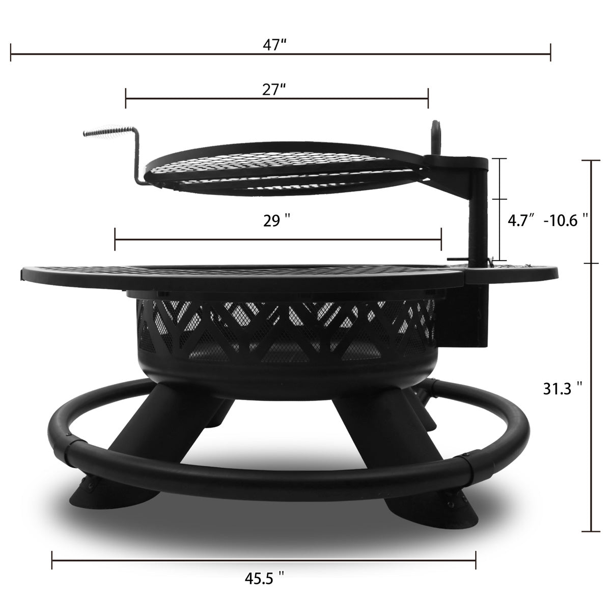 47" Steel Round Fire Pit with BBQ Grate for Patio Outdoor, Wood Burning Firepit