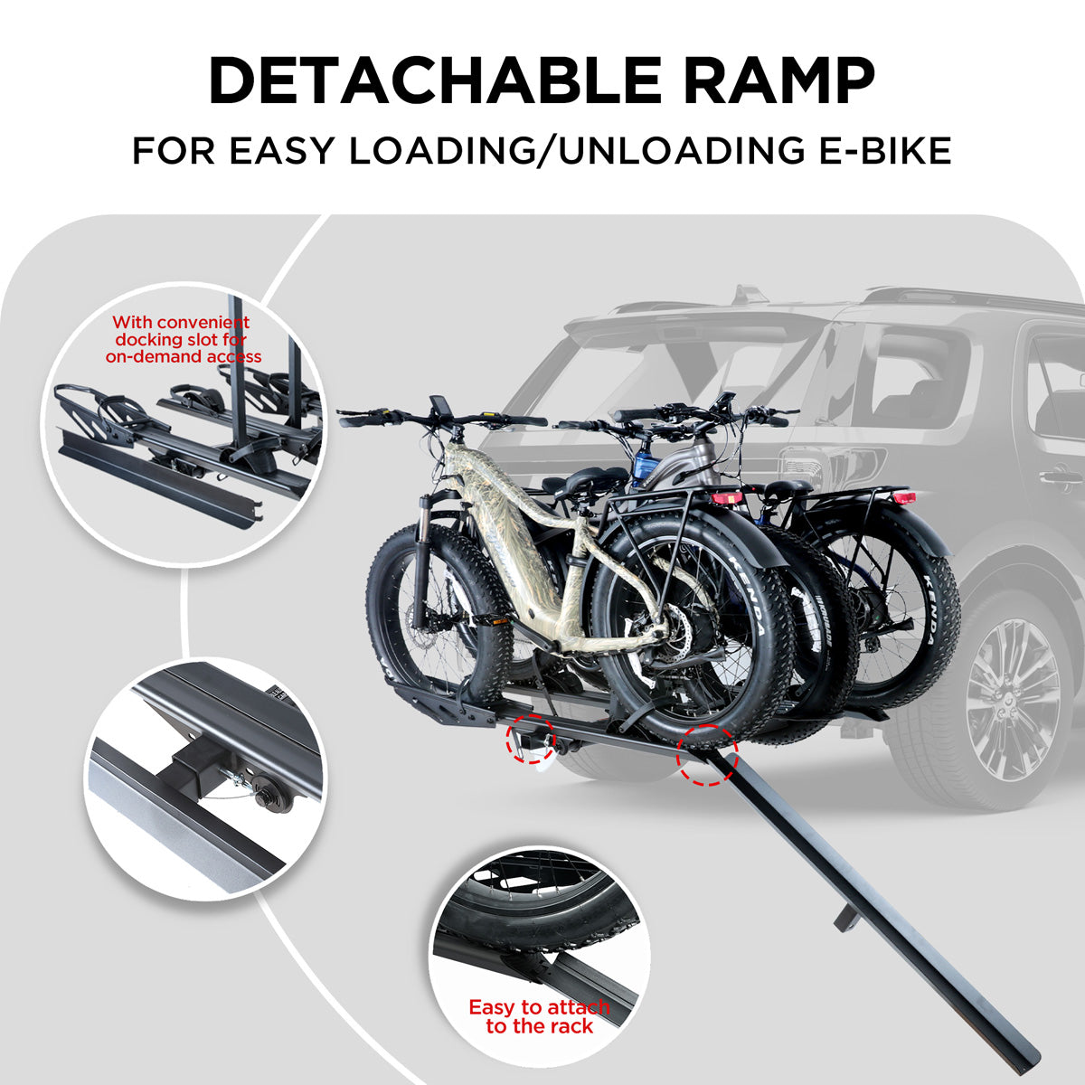 3-Bike Hitch E-bike Rack with Ramp, Fat Tire Electric Bike Carrier, 250 LBS Capacity, Fits 2'' Receiver