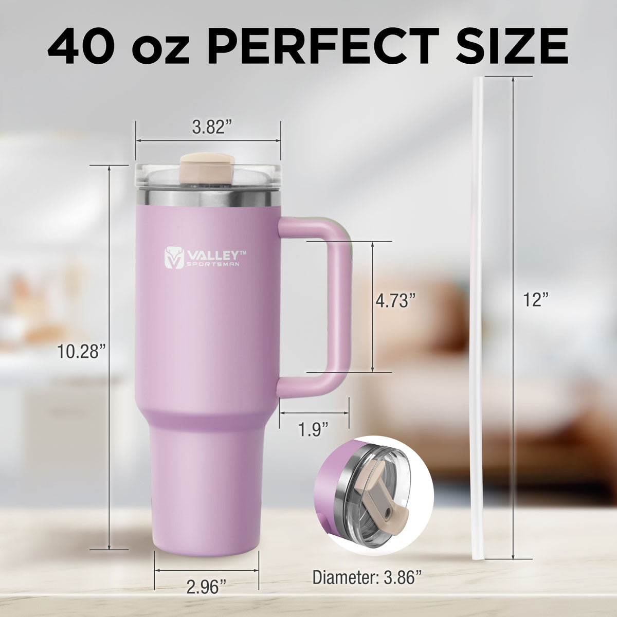 40oz Tumbler with Handle and Straw, Stainless Steel Leakproof Insulated Mug, Light Purple