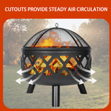 24 inch Outdoor Cross-Woven Steel Wood Burning Fire Pit with Poker and Cover, 2-in-1 Functionality to Heat and Grill