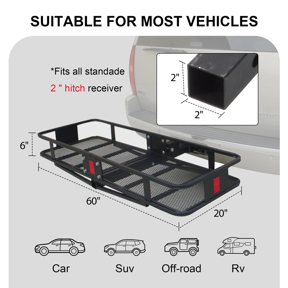 500 LB Foldable Hitch Cargo Carrier, Heavy Duty Luggage Basket, 60'' x 20'', Fits 2'' Receiver