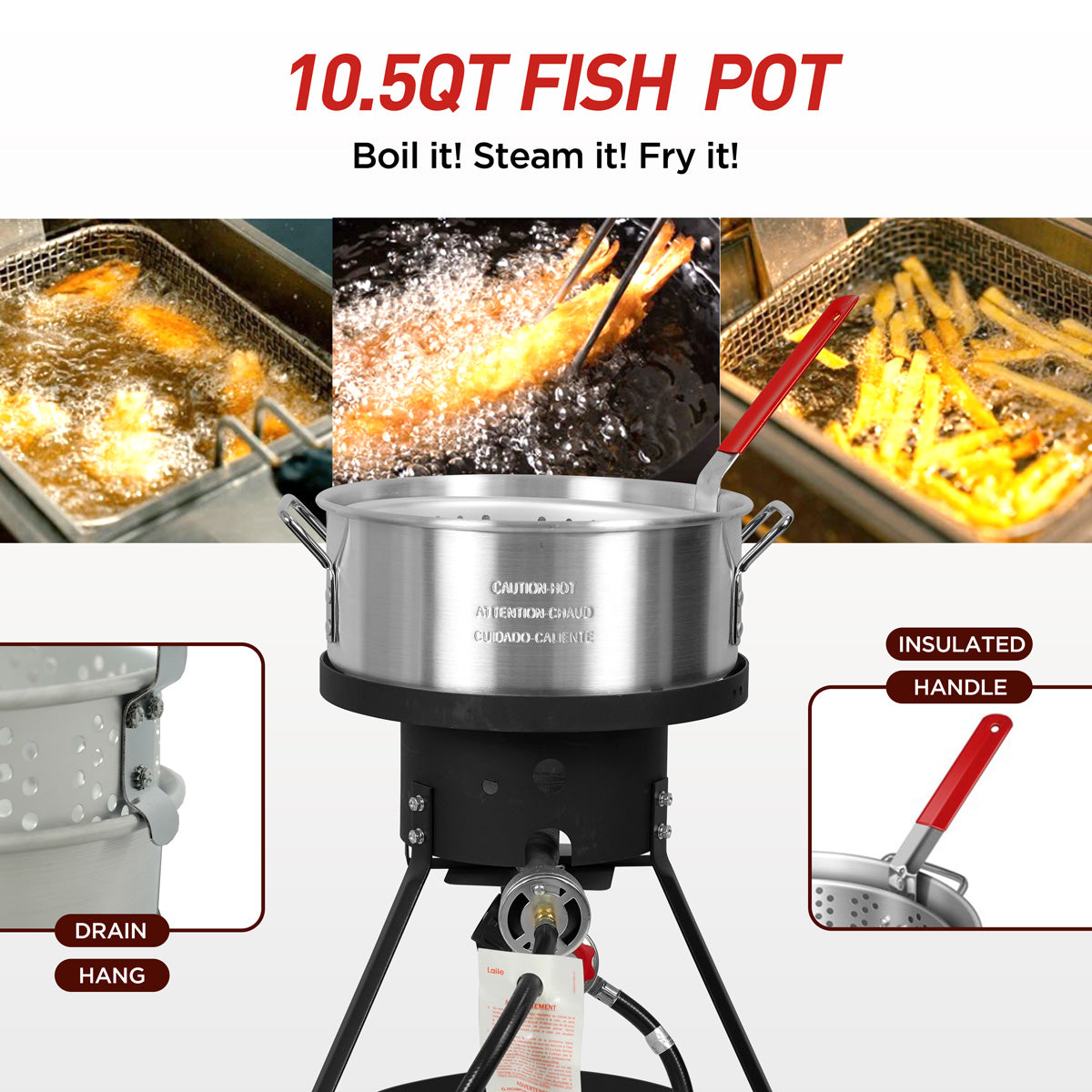 10.5 Qt. Outdoor Camping Fryer with Premium Aluminum Filter Basket and Thermometer for frying fish, wings, and seafood