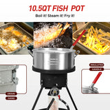 10.5 Qt. Outdoor Camping Fryer with Premium Aluminum Filter Basket and Thermometer for frying fish, wings, and seafood