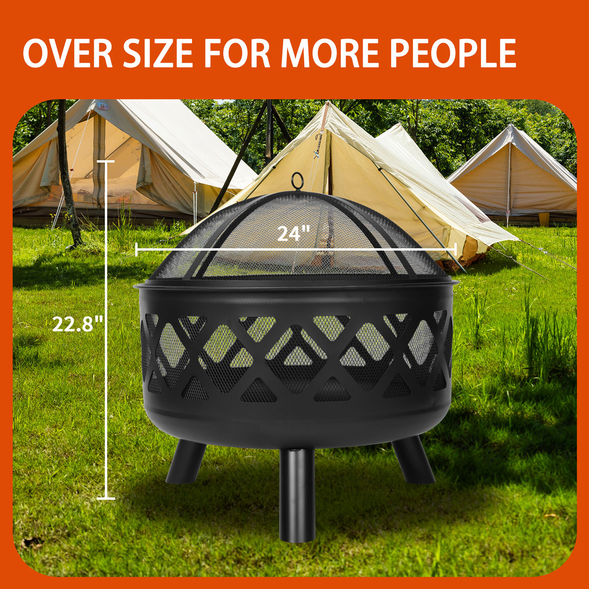 24 inch Outdoor Cross-Woven Steel Wood Burning Fire Pit with Poker and Cover, 2-in-1 Functionality to Heat and Grill