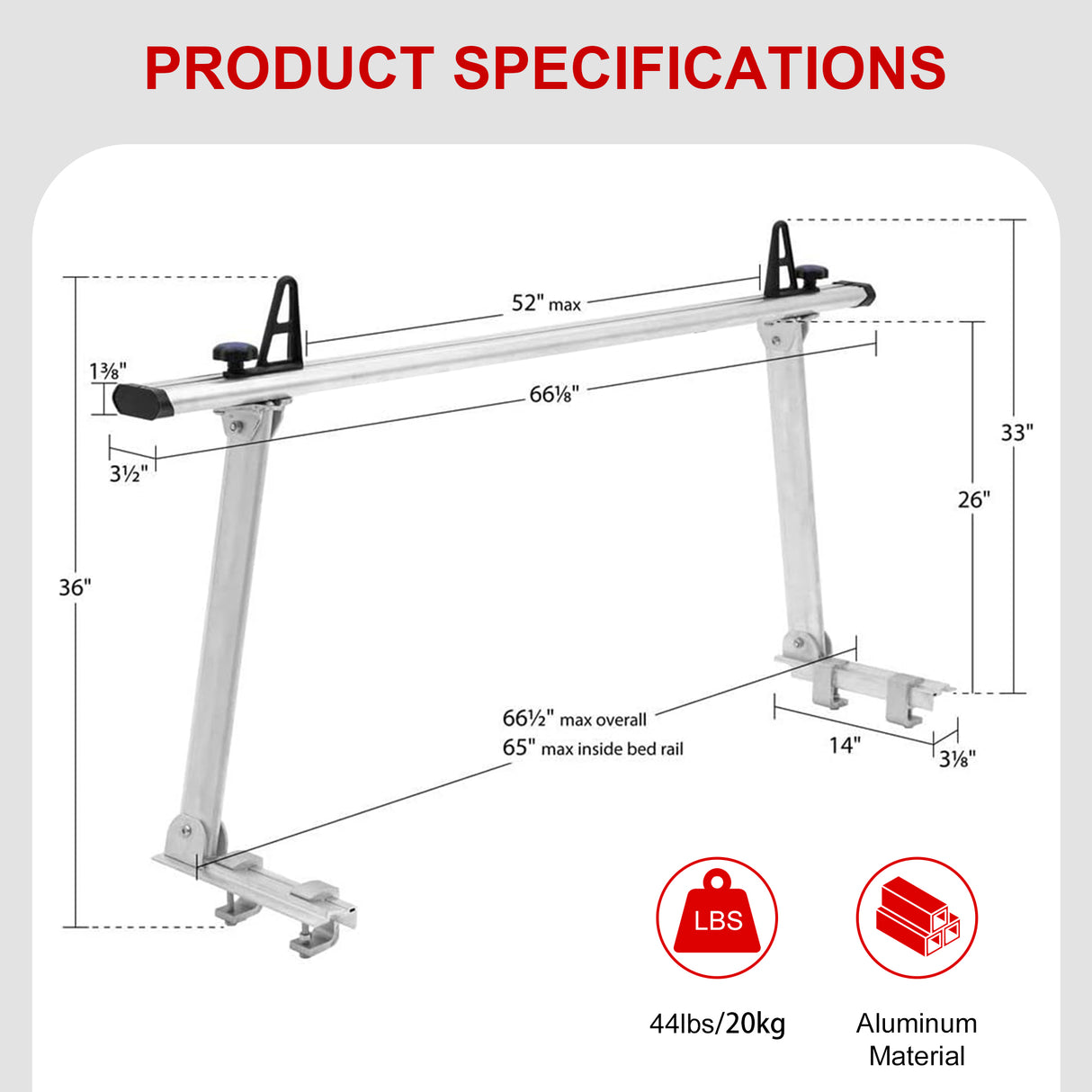 Universal Aluminum Truck Rack, 800 LBS Capacity, Two-Bar Set