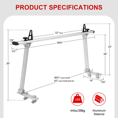 Universal Aluminum Truck Rack, 800 LBS Capacity, Two-Bar Set