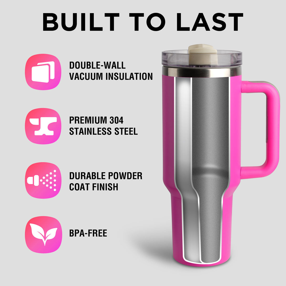 40oz Tumbler with Handle and Straw, Stainless Steel Leakproof Insulated Mug, Fuchsia