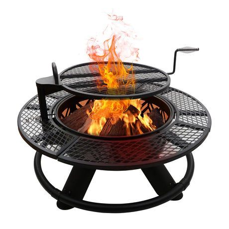 47“ Steel Round Fire Pit with BBQ Grate for Patio Outdoor, Wood Burning Firepit