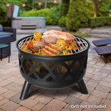 24 inch Outdoor Cross-Woven Steel Wood Burning Fire Pit with Poker and Cover, 2-in-1 Functionality to Heat and Grill