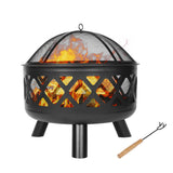 24 inch Outdoor Cross-Woven Steel Wood Burning Fire Pit with Poker and Cover, 2-in-1 Functionality to Heat and Grill